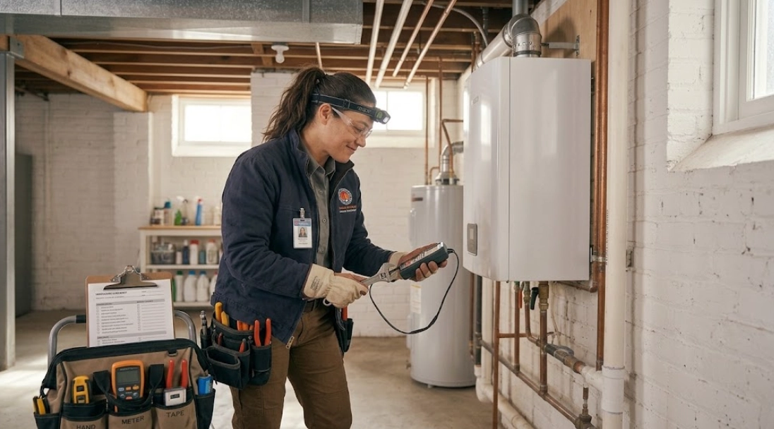 Plumbing heating technician inspecting gas burner assembly and electronic control valves on a residential heating boiler in a Queens basement