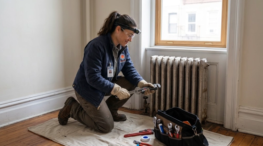 Heating technician replacing a worn brass steam radiator supply angle valve and tuning the air vent on a cast-iron radiator