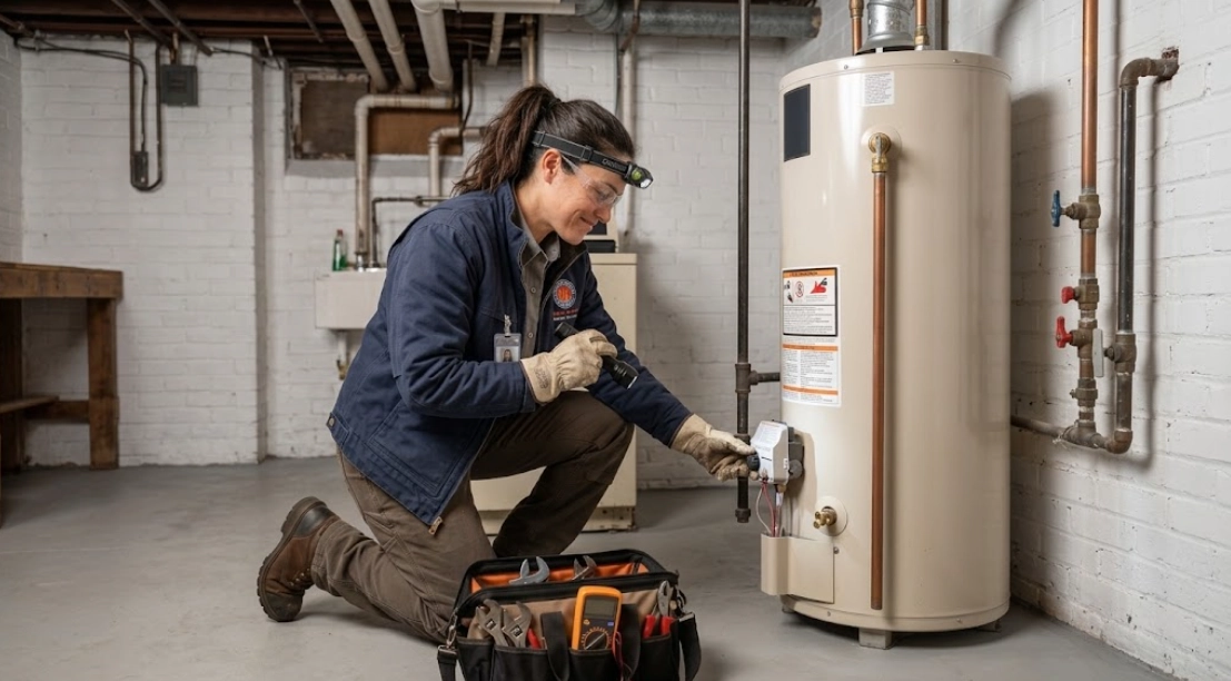 Licensed plumber testing temperature and pressure relief valve and electronic thermostat controls on a residential water heater in a Queens basement